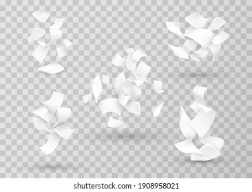 Papers combination, cluster realistic templates set. Curved sheets falling down. Group of empty blanks, notepapers, paperwork, pages, documents flying. Vector papers isolated on transparent.