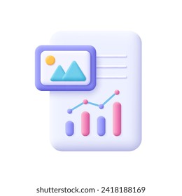 Papers with data analytics and jpg file. Business bar chart report, statistical business infographic document. 3d vector icon. Cartoon minimal style.