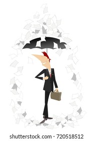 Papers fall down on the man with a bag and umbrella isolated. Smiling young man with umbrella and bag staying under the paper fall
