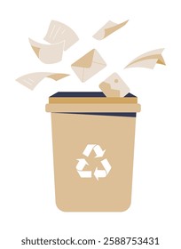Papers Flying Into Recycling Bin In Flat Vector Illustration Symbolizing Waste Management, Document Disposal, And Environmental Awareness, Isolated On White Background