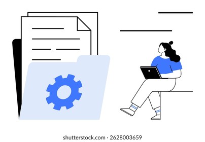 Papers in folder with blue settings gear icon. Woman using laptop while sitting. Ideal for business processes, productivity, digital organization, file management, software settings, office workflow