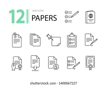 Papers line icon set. Document, note, agreement. Paperwork concept. Can be used for topics like business, contract, planning, strategy