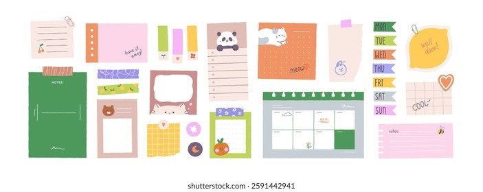 Papers, memo notes, stickers, tapes and tags set. Cute school stationery. Pages, sheets, lists, schedule for planner, notepad, notebook. Kids flat vector illustrations isolated on white background.