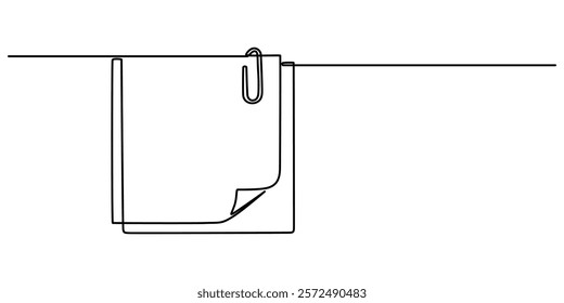 papers with paper clip continuous one line drawing, Paper note with clip in flat style. Note paper pieces vector illustration on isolated background. Sheets of note papers sign business concept, blank