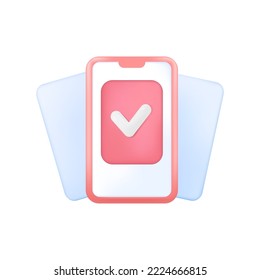 Papers and pink smartphone with checkmark on screen 3D icon. E-mail application or service for mobile devices 3D vector illustration on white background. Technology, mail, communication concept