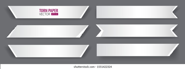 Papers strips with torn edges. Pieces of ripped white paper and soft shadow for web and print