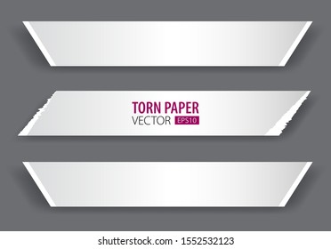 Papers strips with torn edges. Pieces of ripped white paper and soft shadow for web and print