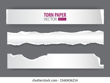 Papers strips with torn edges. Pieces of ripped white paper and soft shadow for web and print