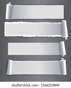 Papers strips with torn edges. Pieces of ripped white paper and soft shadow for web and print