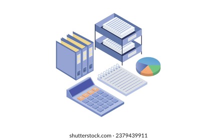 Paperwork. 3d office workplace.on white background.3D design.isometric vector design Illustration.