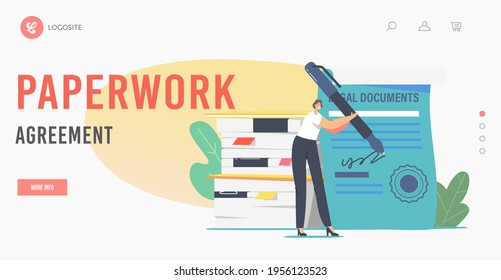 Paperwork Agreement Landing Page Template. Tiny Lawyer Female Character with Huge Pen Signing Certificate. Notary or Attorney Professional Service, Sign Legal Document. Cartoon Vector Illustration