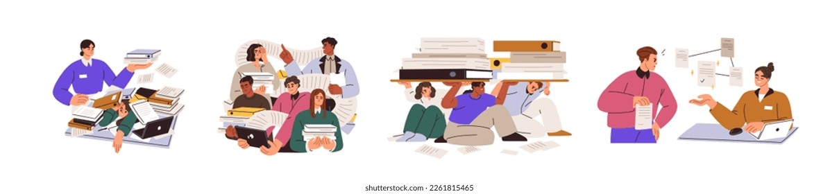 Paperwork, bureaucracy concept set. Business people work with paper documents piles. Employees overloaded with reports, archive, many sheets. Flat vector illustrations isolated on white background