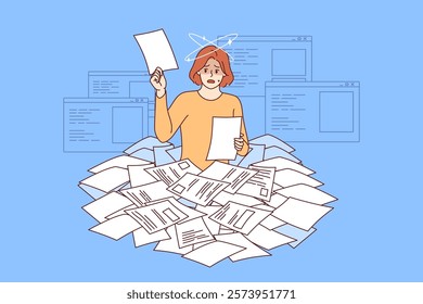 Paperwork and bureaucracy make woman recruiter dizzy as she looks through mountain of paper resumes. Problem of paperwork and lack of digitalization of data causing stress for ladies