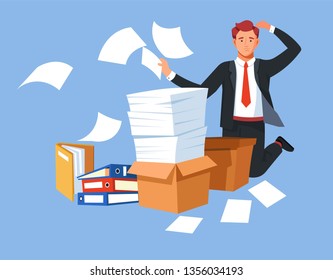Paperwork businessman in stress overload folders and documents vector guy in suit boxes and sheets piles contracts frustrated male character entrepreneur overwork typing and writing printing