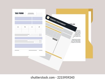 Paperwork concept, tax returns, financial bills, business letters piled up on a desk, daily routine