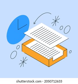 Paperwork database storage isometric vector illustration. Keeping archive organizing with paper documents, file, agreement, contract, resume, data, information. Cardboard box case folder assembling