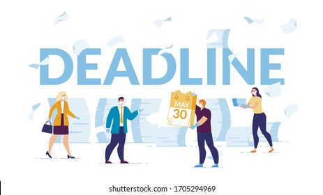 Paperwork Deadline at End of May. Overworking Office Worker in Medical Respiratory Face Mask. Remote Work on Quarantine Huge Lettering and Tiny People. Covid19 Pandemic. Stay Home, Social Distancing