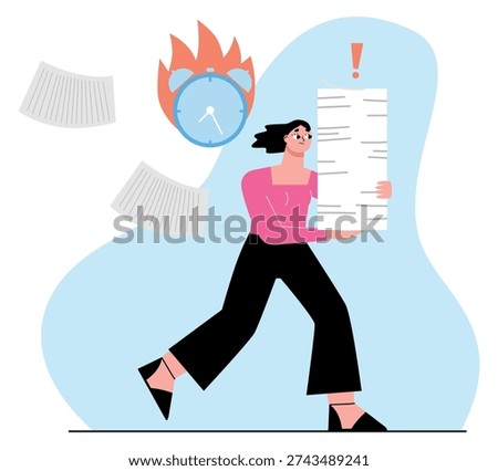 Paperwork deadline. Office female worker hurry with document pile
