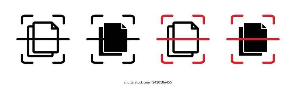 Icono de línea de digitalización de papeleo. Icono de proceso de escaneo de documentos en color blanco y negro.