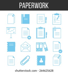 Paperwork and documents icons set. Blue icons isolated on white background. Vector illustration.