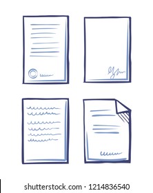 Paperwork documents line art icons in sketch style. Commercial documents with stamps, signatures and text samples. Signed contracts or agreements templates