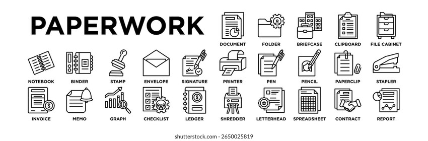 Paperwork icon set. Editable Stroke Icon Collection. Folder, Briefcase, Clipboard, File Cabinet, Pencil, Paperclip, Stapler, Notebook, Binder, Stamp, Envelope, Signature, Shredder, Letterhead
