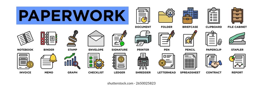 Paperwork icon set. Editable Stroke Icon Collection. Folder, Briefcase, Clipboard, File Cabinet, Pencil, Paperclip, Stapler, Notebook, Binder, Stamp, Envelope, Signature, Shredder, Letterhead