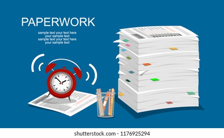 Paperwork illustration. Stack of papers. Deadline clock limited time. Vector illustration in flat style