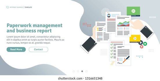 Paperwork management and business report. Hands with data sheets in analysis. Contract agreement signature. Business paperwork organization. Flat design for web banner in vector illustration.