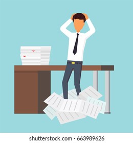 Paperwork at office. Businessman with a lot of documents. Vector illustration