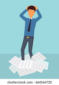 Paperwork at office. Businessman having a lot of work. Vector illustration