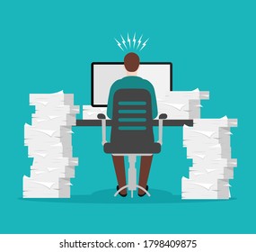 Paperwork and office routine. Busy businessman in stress at work table among many documents. Paper sheets pile. Heap of white papers on blue background in a flat trendy style.