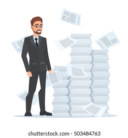 Paperwork and overworked, of an employee engaged in work with documents on the background large stacks of papers. Business concept. Vector illustration isolated on white background in flat style.