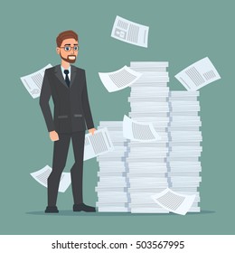 Paperwork and overworked, of an employee engaged in work with documents on the background large stacks of papers. Business concept. Vector creative color illustrations flat design flat modern style.