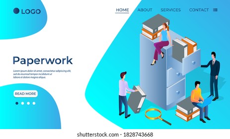Paperwork. People are looking for documents. Concept of office management. Teamwork.Office work and coworking. Isometric vector illustration