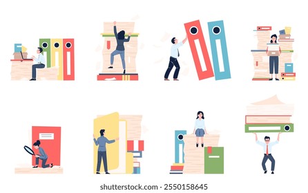 Paperwork scenes. Overload office characters, employers working with paper documents and files. Papers stacks, folders, busy managers recent vector set