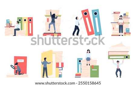 Paperwork scenes. Overload office characters, employers working with paper documents and files. Papers stacks, folders, busy managers recent vector set