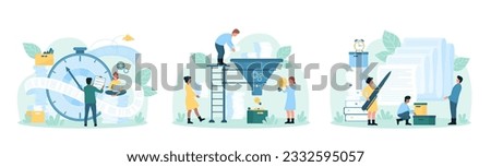 Paperwork set vector illustration. Cartoon tiny people work with endless paper sheet of business contract and bureaucracy documents, throw piles of paper pages into conversion funnel for ideas