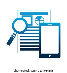 paperwork statistics graph magnifying glass and smartphone