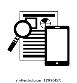 paperwork statistics graph magnifying glass and smartphone