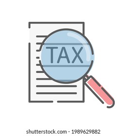 paperwork tax accounting with magnifying glass check assess service, vector icon symbol.