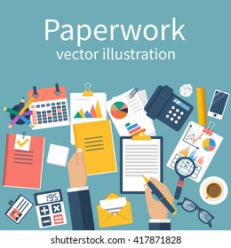 Paperwork, vector. Emotional stress. Man at his desk working on paperwork. Office worker. Working office atmosphere. Concept for overworked. Vector illustration, flat design. Work with documents.