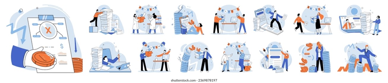 Paperwork. Vector illustration. Bureaucracy adds unnecessary complexity to paperwork process A report needs to be prepared for companys financial information The desk looks messy with scattered papers