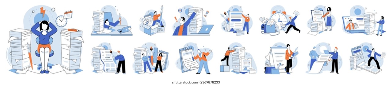 Paperwork. Vector illustration. A comprehensive financial report needs to be submitted to corporate headquarters by deadline The companys paperwork requires meticulous attention to detail and accuracy