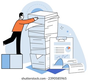 Paperwork. Vector illustration. A comprehensive financial report needs to be compiled for company The desk is mess papers, files, and documents A sheet needs to be reviewed and updated