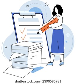 Paperwork. Vector illustration. A comprehensive financial report needs to be prepared for company The desk looks messy with abundance papers and documents A sheet needs to be filled out with accurate