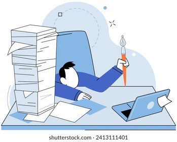 Paperwork. Vector illustration. The desk appears cluttered and disorganized with multitude papers A sheet needs to be updated with latest financial information The chaos paperwork chinder productivity