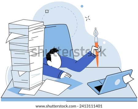 Paperwork. Vector illustration. The desk appears cluttered and disorganized with multitude papers A sheet needs to be updated with latest financial information The chaos paperwork chinder productivity