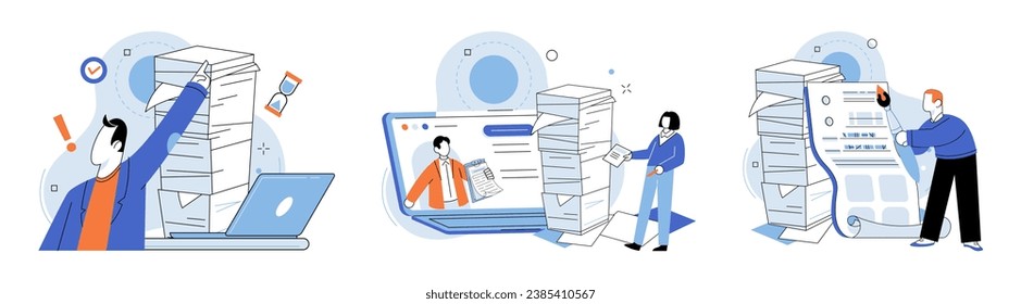 Paperwork. Vector illustration. The individual is always busy with paperwork and other job responsibilities Theres pile papers waiting to be sorted and filed on desk Managing paperwork is essential