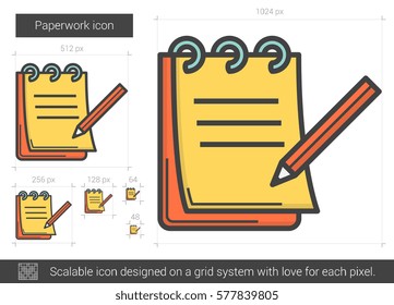 Paperwork vector line icon isolated on white background. Paperwork line icon for infographic, website or app. Scalable icon designed on a grid system.